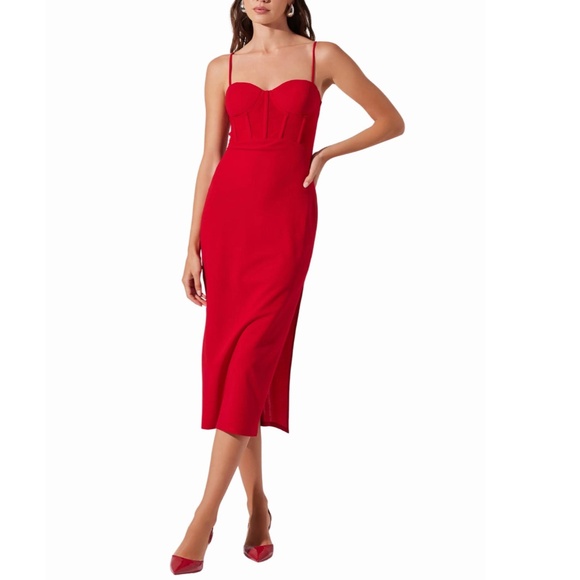 NEW ASTR The Label RED Contrast Mesh BUSTIER Stretchy COCKTAIL Midi Slit DRESS S - Picture 8 of 10